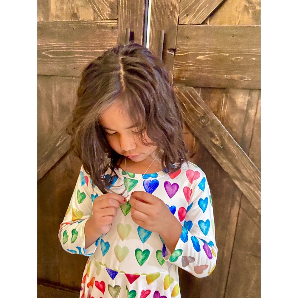 Kids Girls Long Sleeve Rainbow Heart Print Valentines Dress‎ Twirl Skater Style